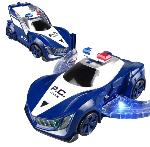 Police Car Bump and Go Toys for Kids 360 Degree Rotating Deformation Car Battery Operated Police Car Musical Toy with Lights Blue 3 Years above