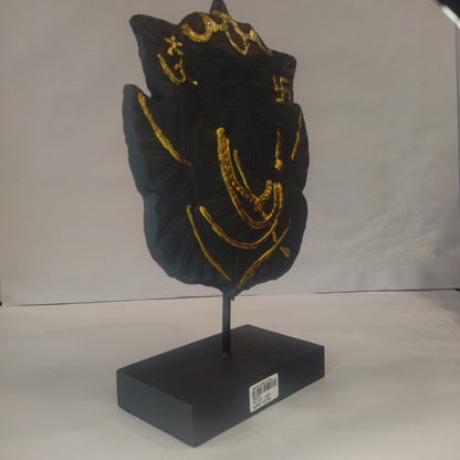 Paper Machie Ganesh Leaf on Base Wood Black Gold Finish showpiece