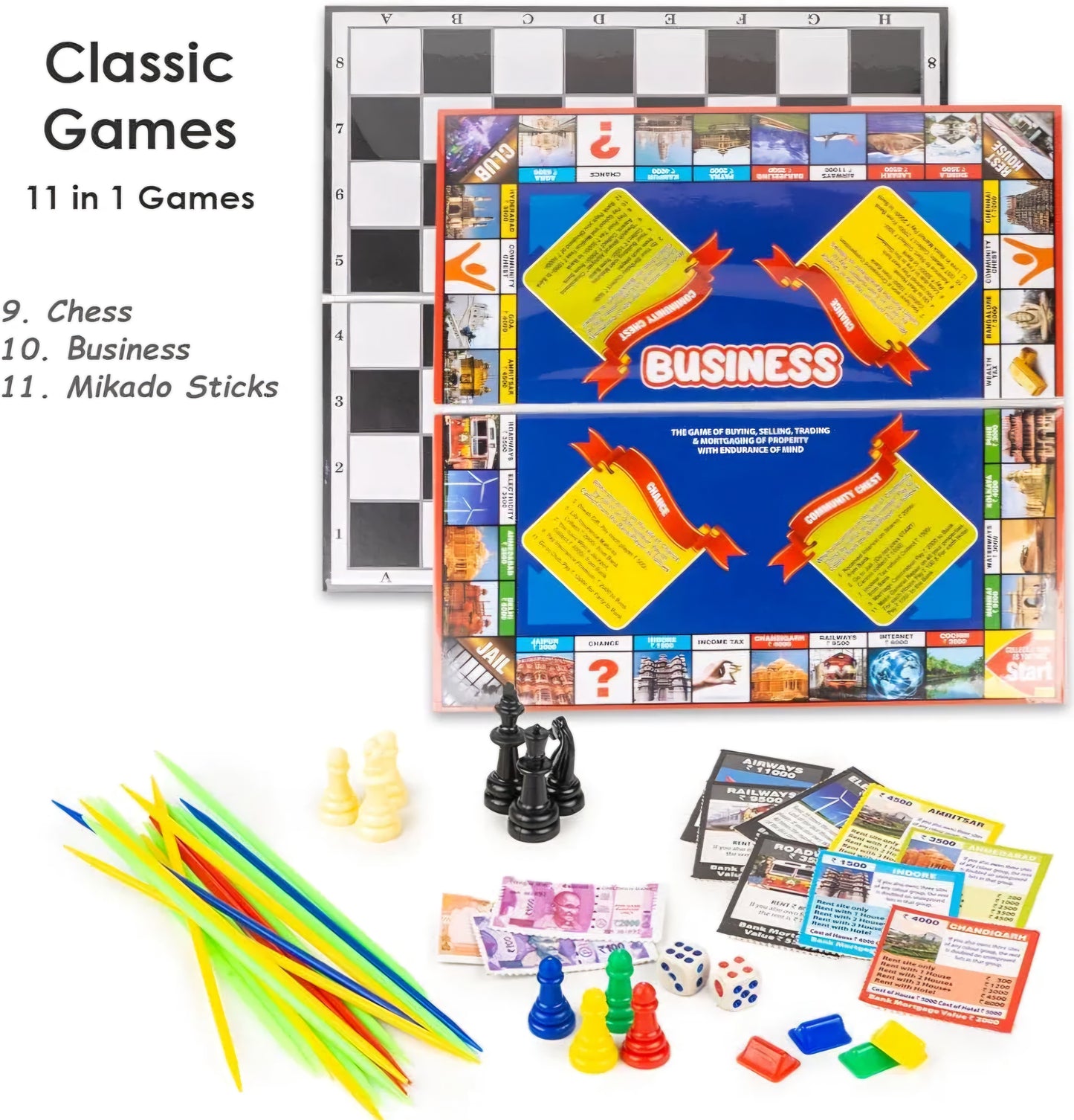 Games 11 in 1 BUSINESS CHESS MIKADO STICKS BRAINVITA PLOT 4 SNAKES ANDLADDERS LUDO CRISS CROSS 9 MENS MORRIS CAR RALLY CRICKET Table Top Family Board Games for Kids and Adults