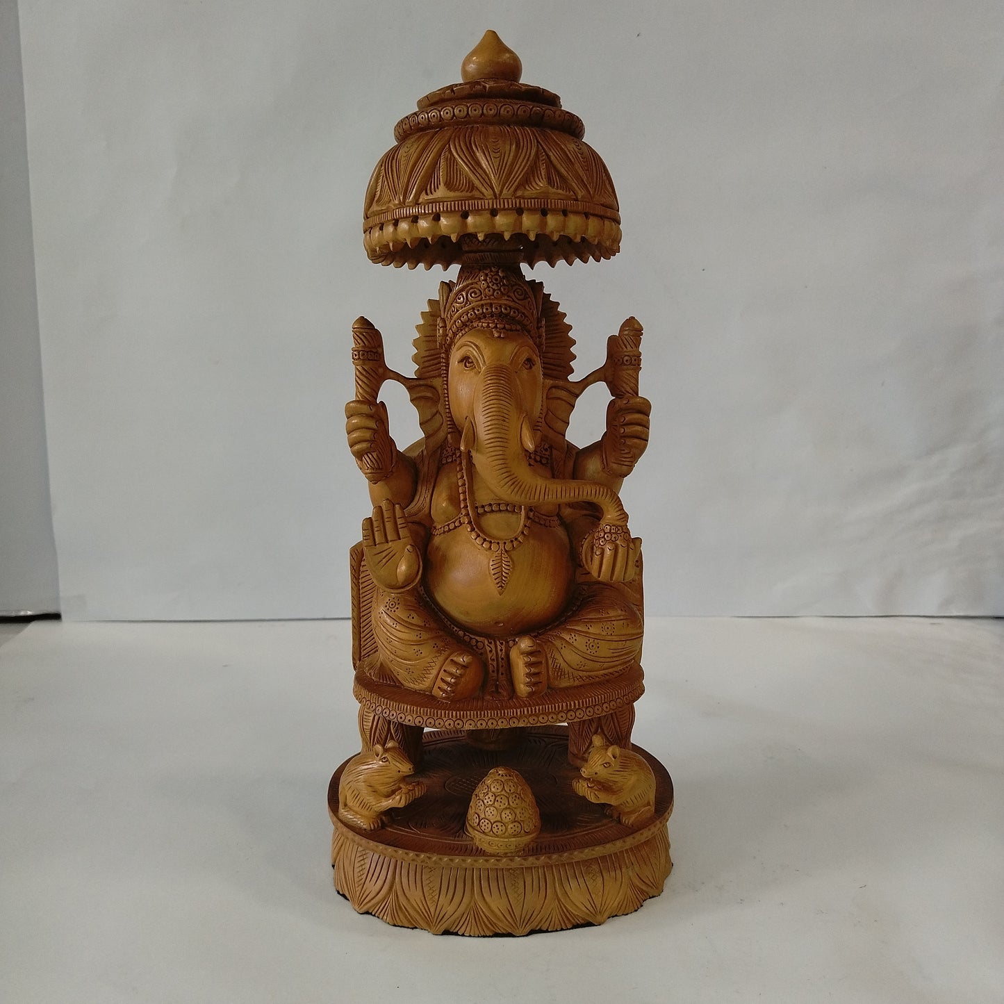 Wooden Ganesh W/Umb. On Base W/2 Rats Super Fine