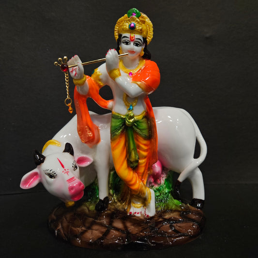 Lord Krishna with Cow Playing flute in standing posture statue showpiece Idol for home Decor