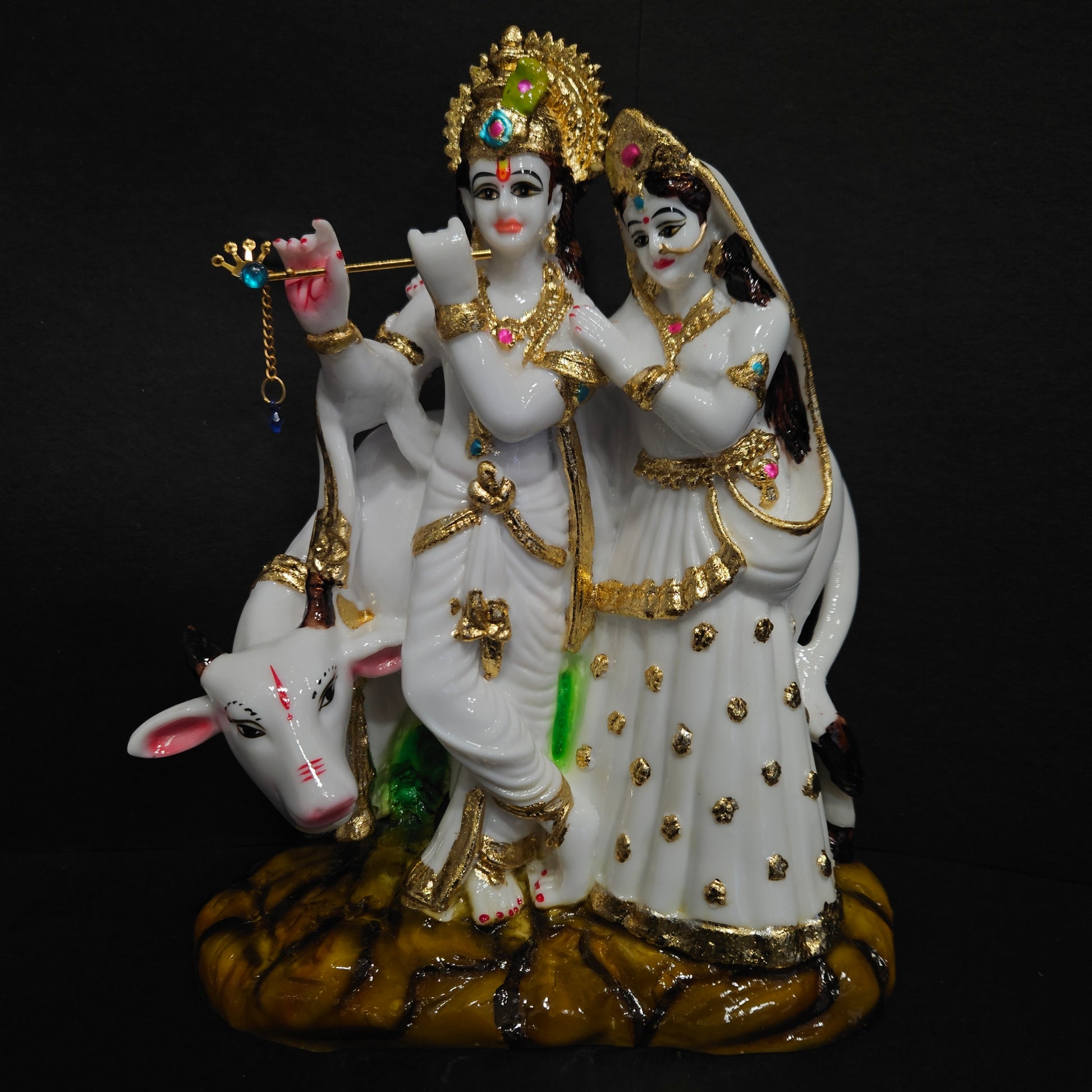 Lord Krishna and Radha with cow playing flute standing posture statue Idol for Home Decor