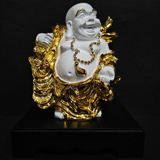 Laughing Buddha Sitting on Luck Money Coins Carrying Golden Ingot for Good Luck and Happiness Home Deocration