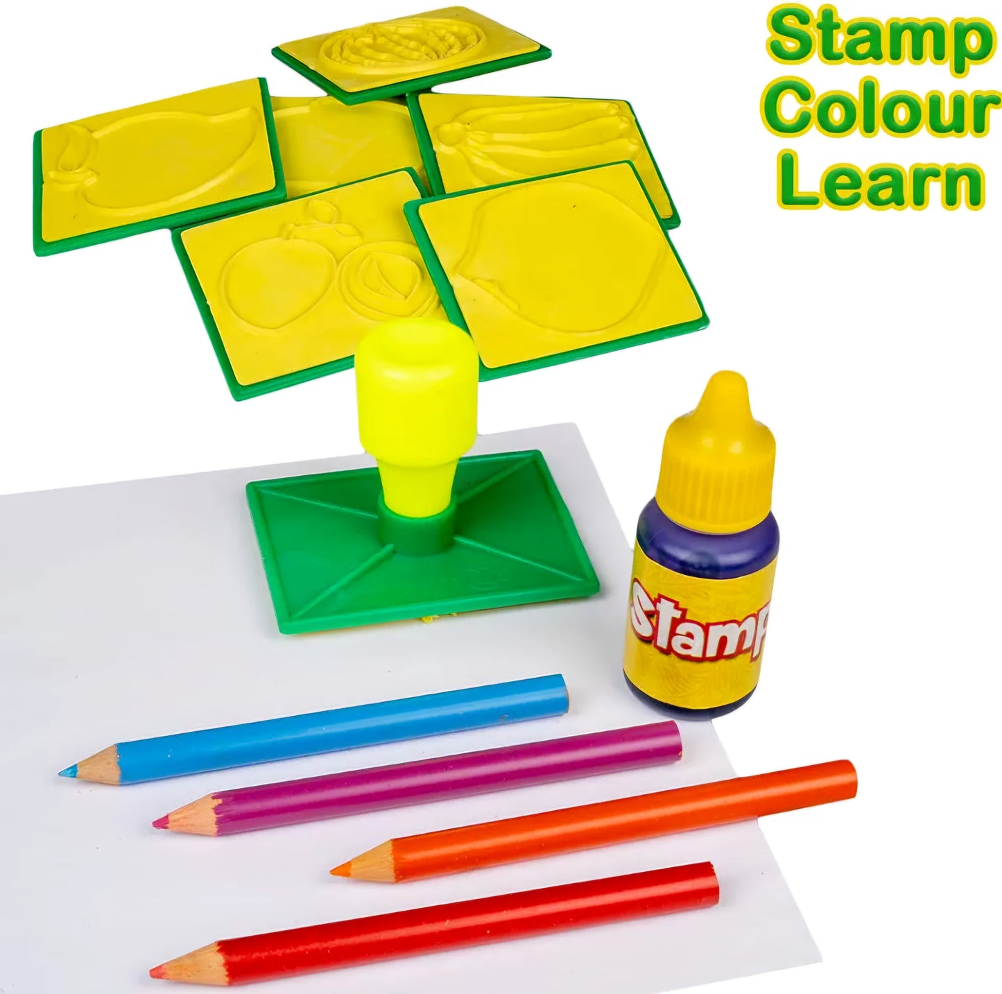 STAMP THE PICTURE COLOUR IT AND CREATE YOUR OWN FRUIT BASKET Educational Art and Craft Stamp Art Fruit Small with 6 Different Fruit Stamps for Kids 4 years Age