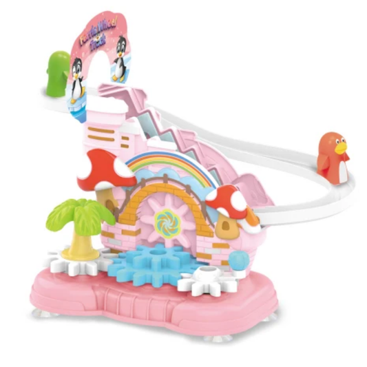 new assembled penguin ladder track toy fun cartoon pink gear building block track toy with sound light