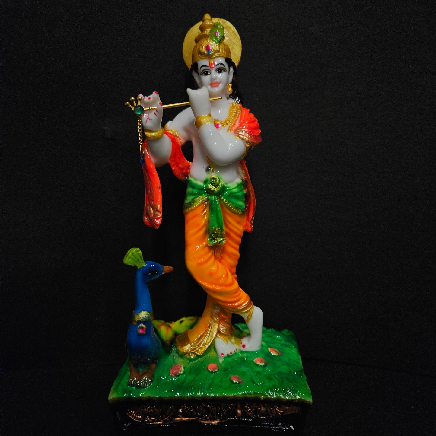 Lord Krishna murti with peacock playing flute statue Idol for home pooja