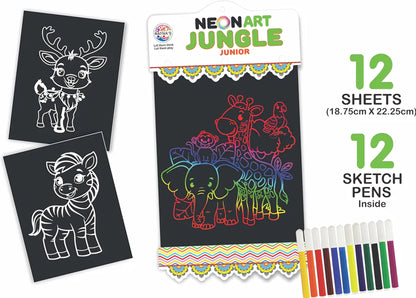 Neon Art Jungle Junior Creative Coloring Kit with 12 Sheets and 12 Sketch Pens Creative Coloring Fun for All Ages