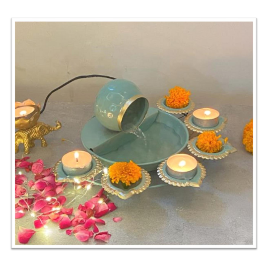 Auqa blue Metal Water Fountain With T light Holder diwali colection