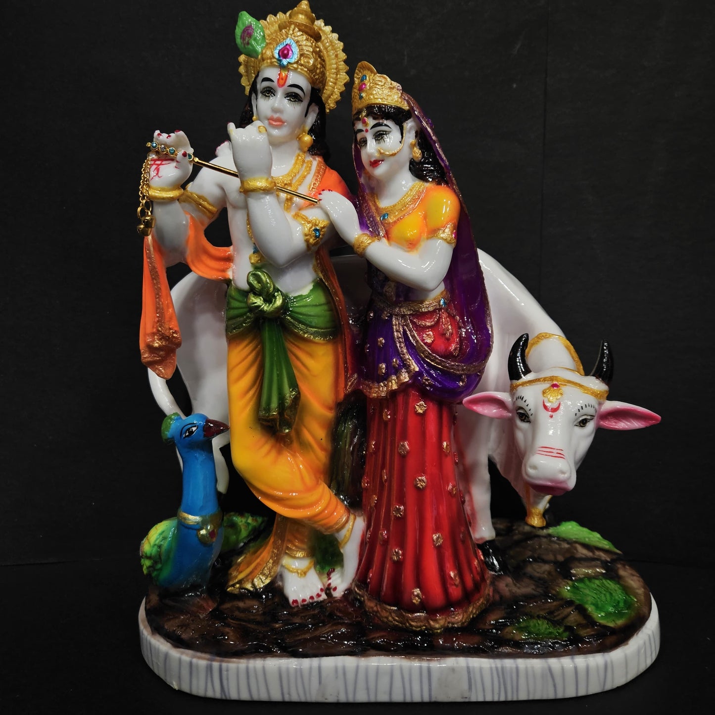 Lord Radha Krishna Murti With cow and peacock in standing Posture Puja Idol For Home Decor