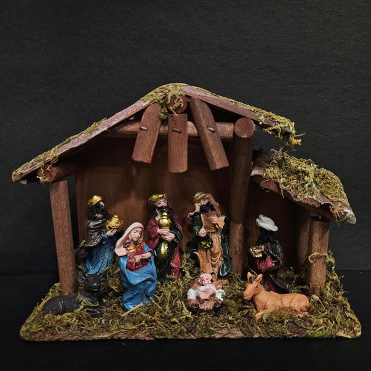 Wooden Hut with Polymarble Made Mary Joseph Baby Jesus Lamb Nativity Set Crib