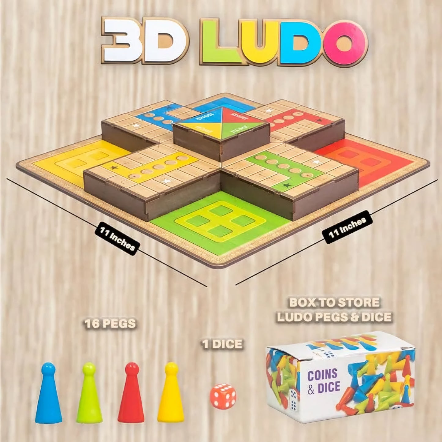 New Kids 3D Ludo MDF Wooden Board Game Play Family Fun with for Kids and Adults