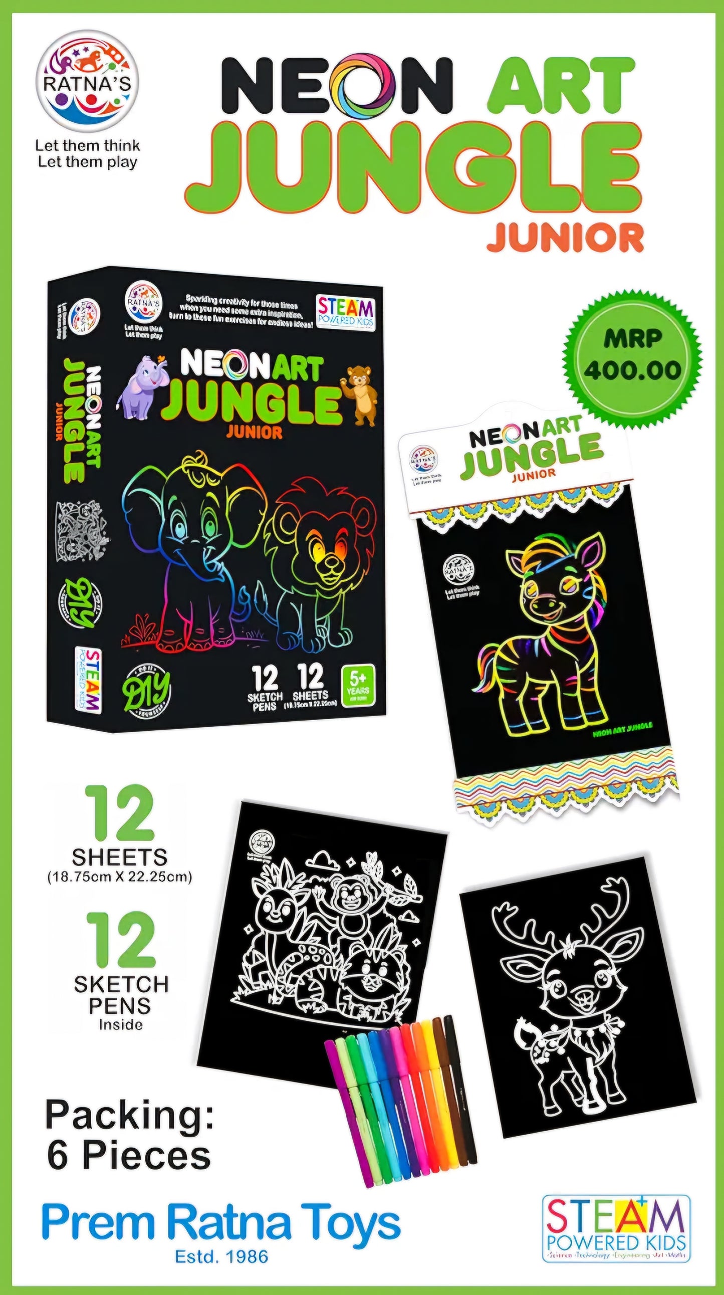 Neon Art Jungle Junior Creative Coloring Kit with 12 Sheets and 12 Sketch Pens Creative Coloring Fun for All Ages