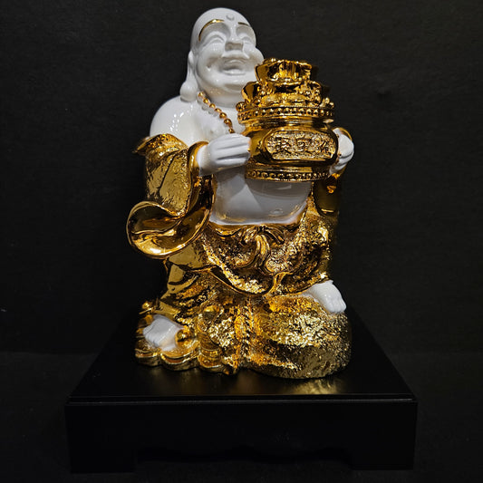 Laughing Buddha Sitting on Luck Money Coins Carrying Golden Ingot for Good Luck and Happiness Home Deocration