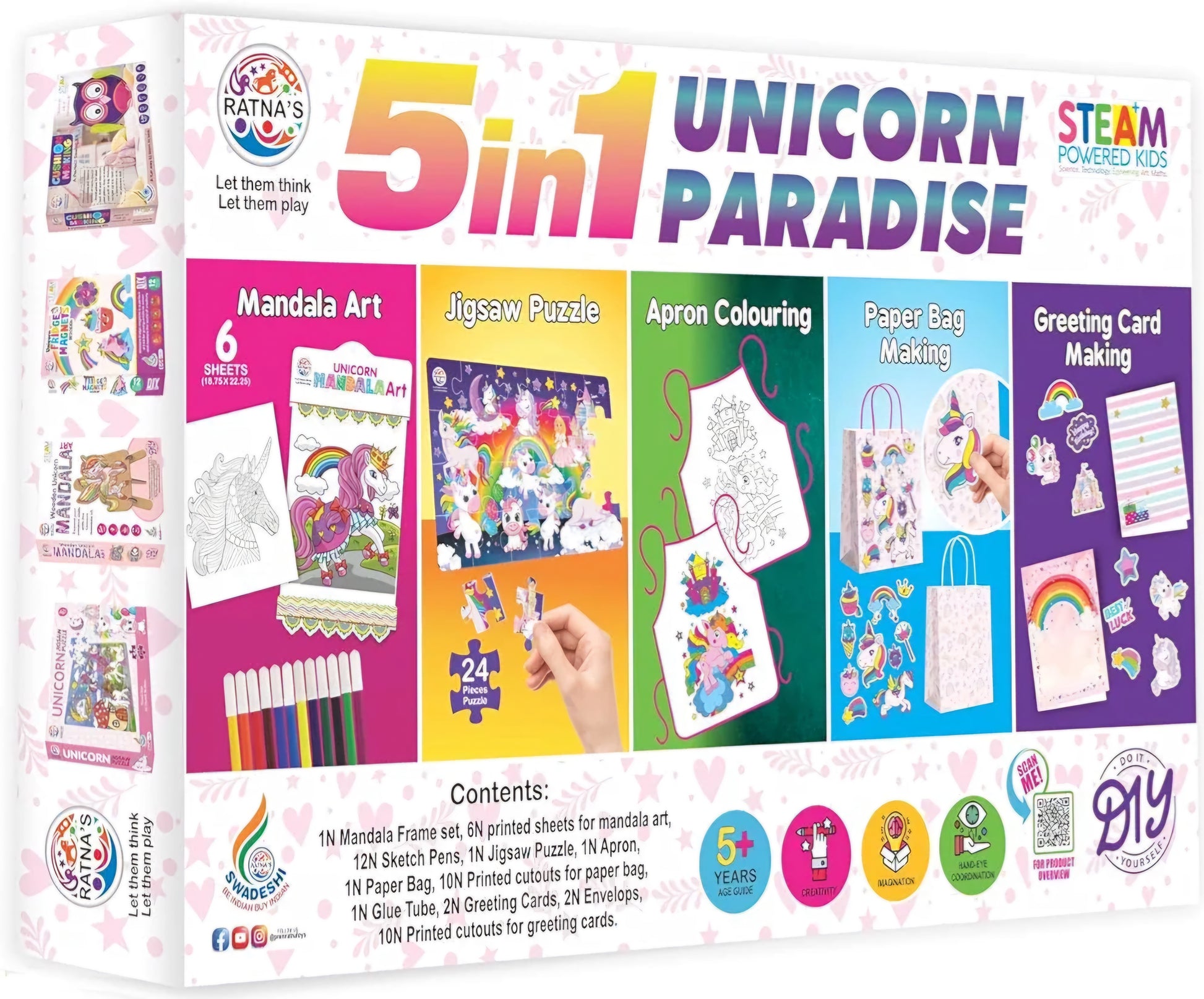 Unicorn 5 in1 Paradise Unicorn Paradise Kit with Activities Like Mandala Art Jigsaw Puzzle Apron Colouring Paper Bag Making and Greeting Card Making Art and Craft Creative Kit for Kids 5 Years