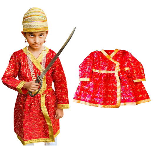 Maharaja Shivaji Costume Embroided Angrakha, white Pajama and Shivaji Cap - 6-8Year/28 no