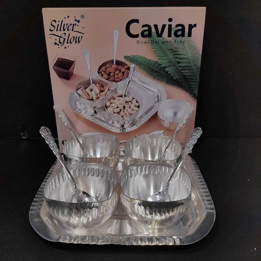 silver coated 4 bowls serving set with tray