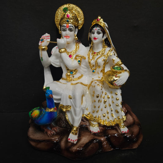 Radha Krishna with peacock Playing flute in sitting posture statue showpiece Idol for home Decor