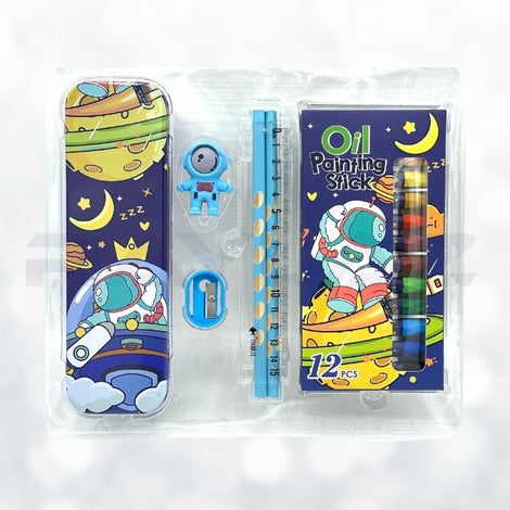 Cartoon animation character themed Stationery kit set for kids Metal box,Pencils,Sharpener,Eraser,Scale, Crayons Birthday Return Gifts