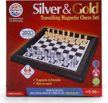 Silver and Gold colour travelling magnetic chess set for kids and Adults