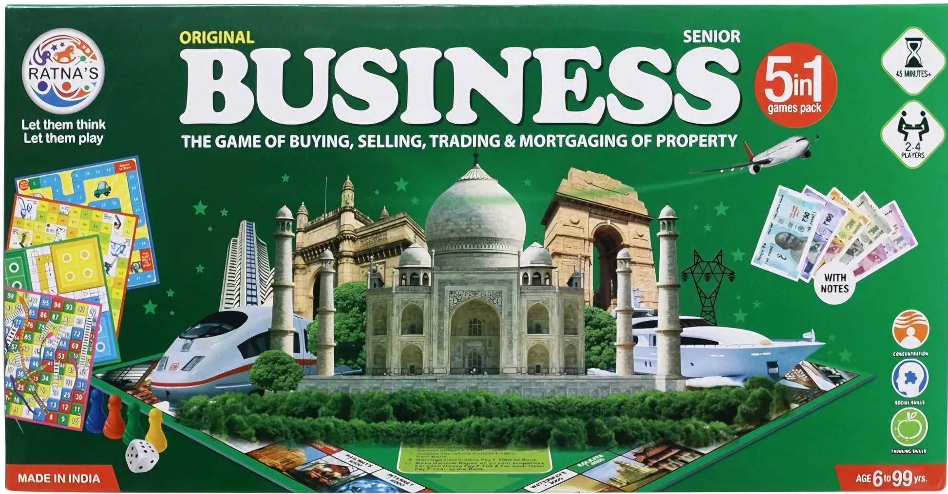 Business India Board Game 5 in 1 Board Game with Other Games Like Ludo Snakes Ladder Car Rally and Cricket