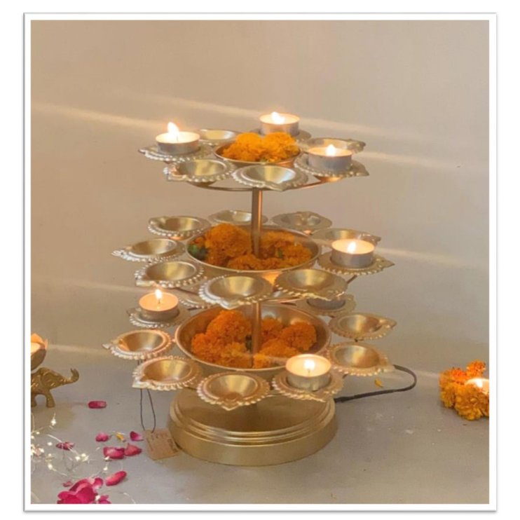 Metal Electric 3 Step Rotating Diya / T light Holder For Diwali Pooja