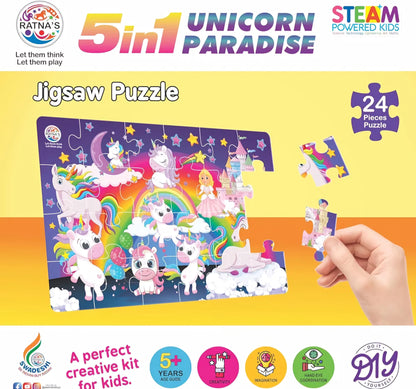 Unicorn 5 in1 Paradise Unicorn Paradise Kit with Activities Like Mandala Art Jigsaw Puzzle Apron Colouring Paper Bag Making and Greeting Card Making Art and Craft Creative Kit for Kids 5 Years