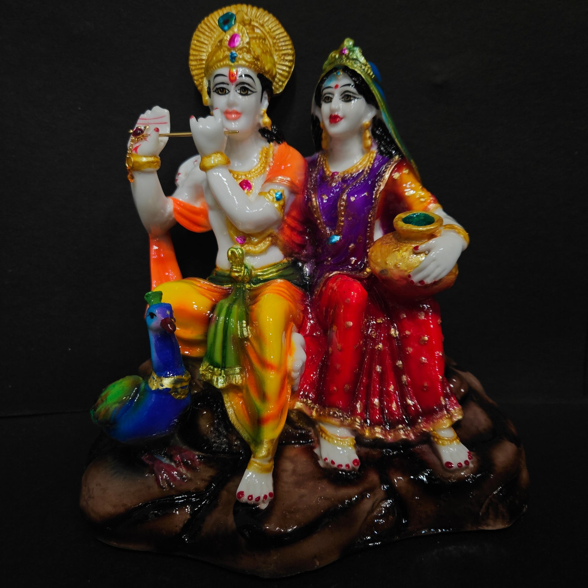 Radha Krishna with peacock Playing flute in sitting posture statue showpiece Idol for home Decor