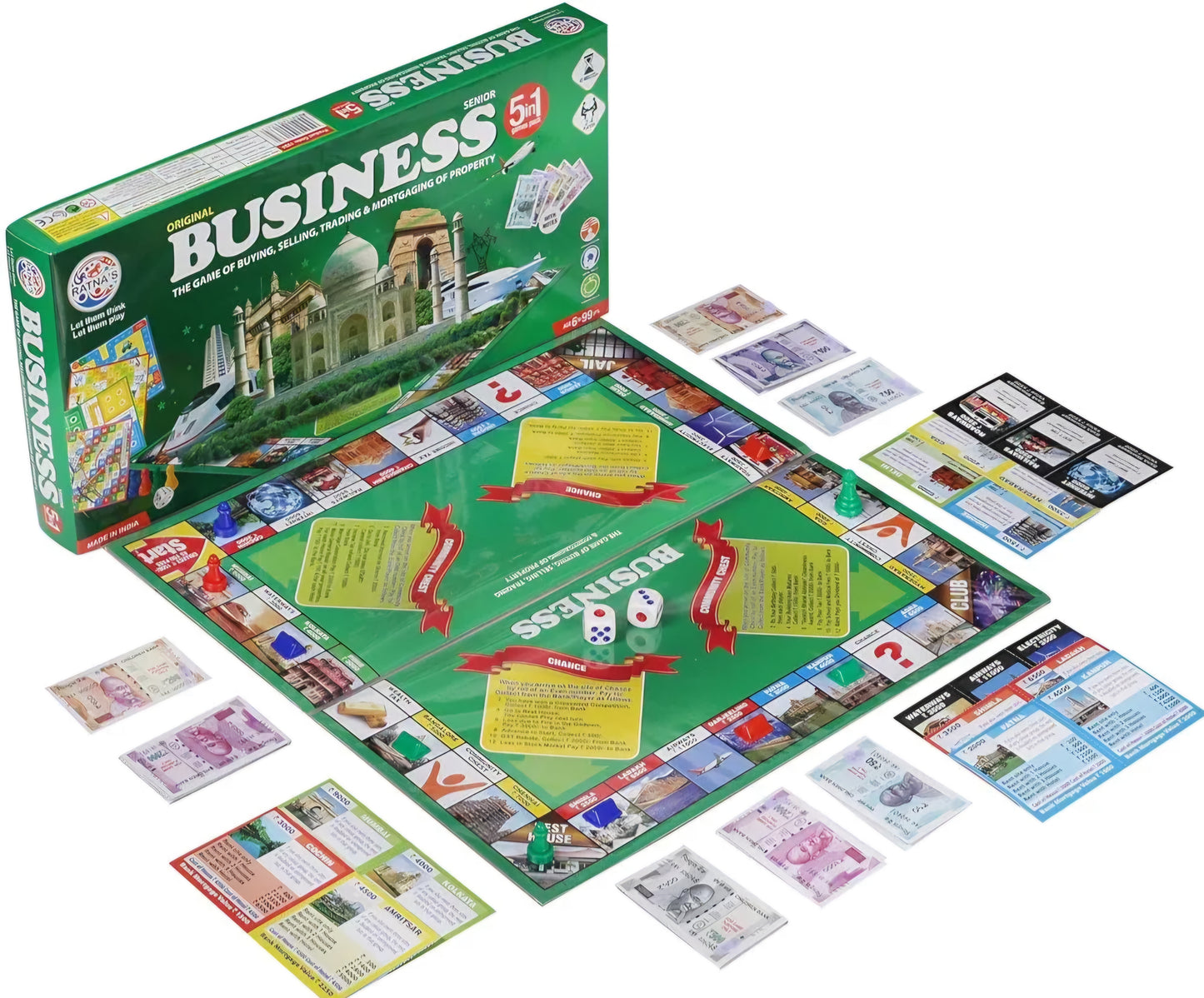 Business India Board Game 5 in 1 Board Game with Other Games Like Ludo Snakes Ladder Car Rally and Cricket