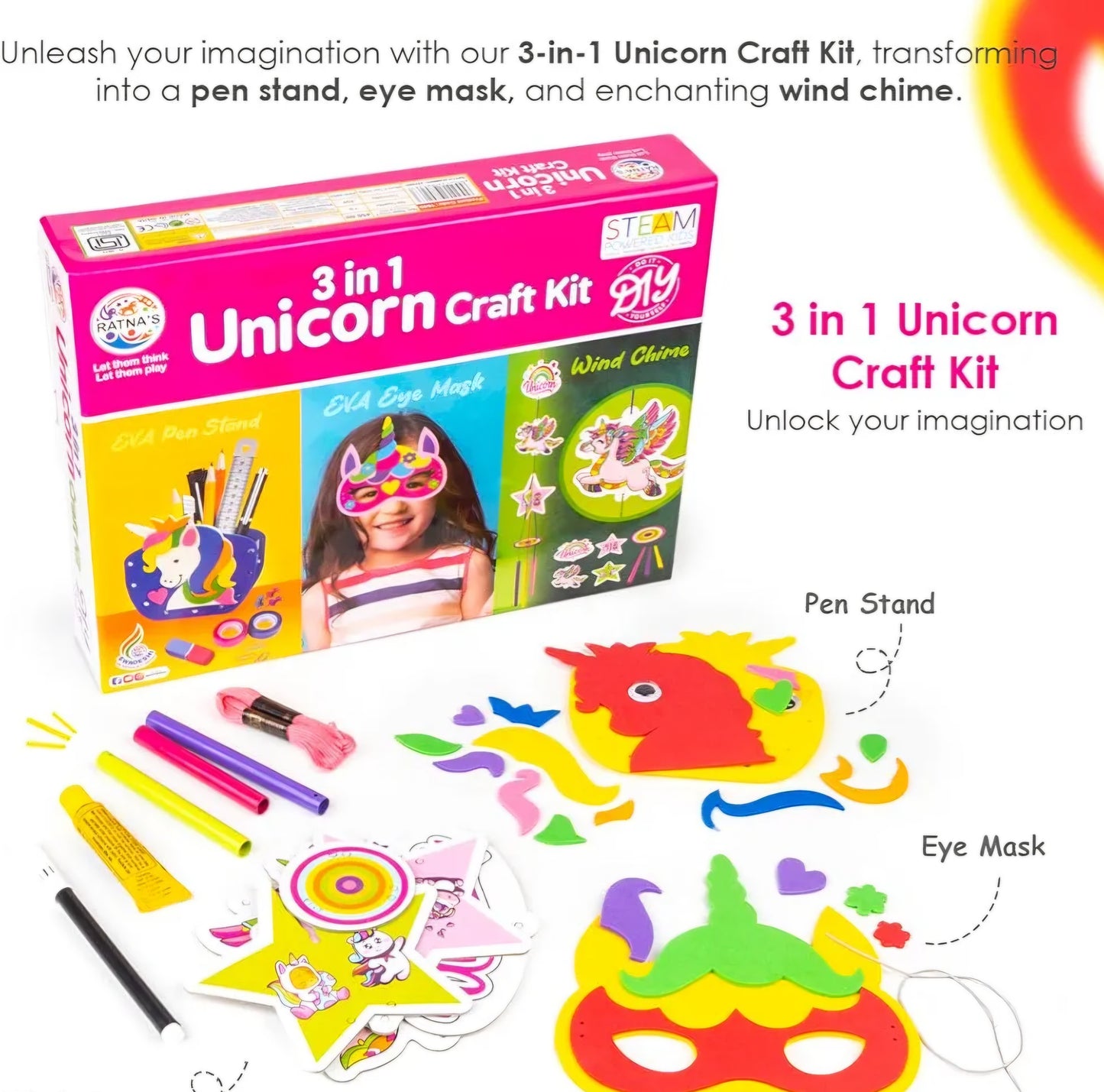 Unicorn Craft Kit 3 in 1 EVA DIY Kit to Make Pen Stand Wind Chime and Eye Mask STEAM Powered Art and Craft for Kids 5 Years