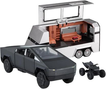 Large Tesla Cyber Truck Toy with Motorhome and Motorcycle, Diecast Pickup Truck Trailer Alloy Model Collection Vehicles for Kids