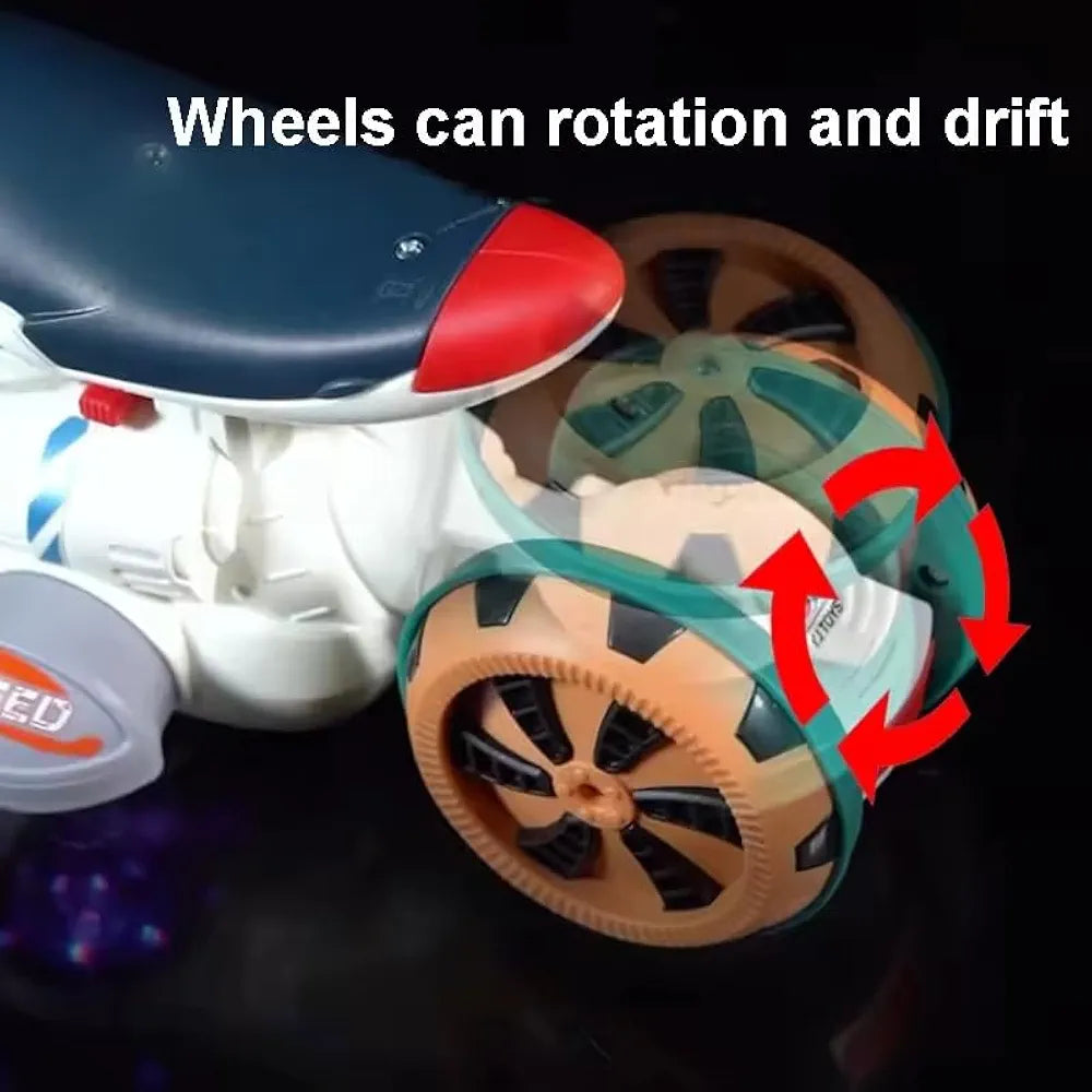 Motorcycle Toy for Kids Features 360 degrees rotation drift capabilities and interactive lighting and music for endless fun for kids