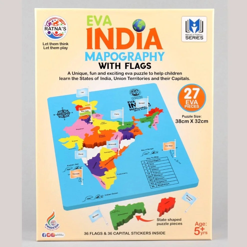 Unique fun and exciting puzzle to help children learn the States of India Union Territories and their CapitalsIndia Mapography with Flags 27 Pieces