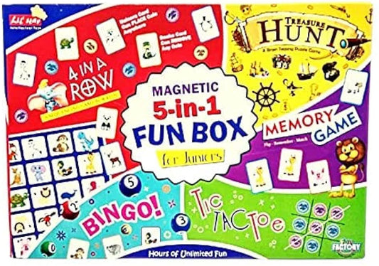 Magnetic 5 in 1 Fun Box Magnetic 5 in 1 Fun Box Juniors Memory Game for Ages 6 Set of 1 Multicolor 4 in a Row Bongos TIC TAC TOE Memory Game Treasure Hunting Playing Kit set For Kids