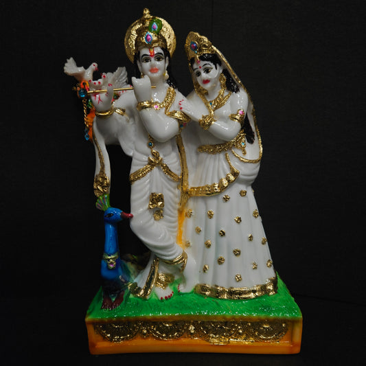 Lord radha Krishna with peacock white and gold color combo playing flute statue Idol for home pooja