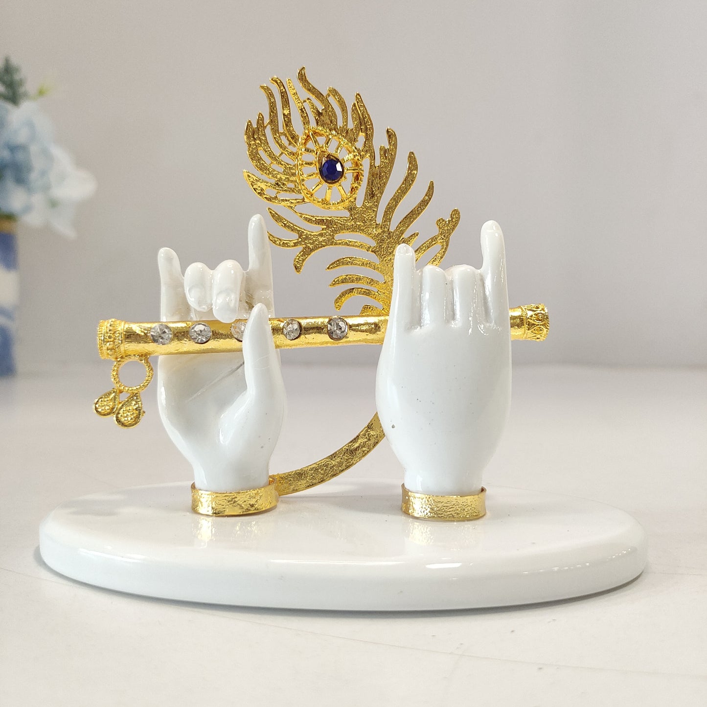 White and gold Krishna ji hands showpiece 3 inch