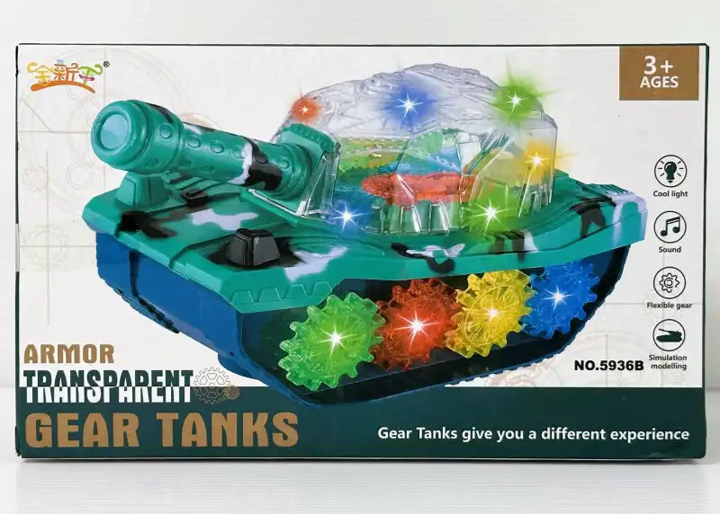 Transparent Gear Armor Tank Vehicle Toy for Kids Boys and Girls with Lights Music and Bump and go Action