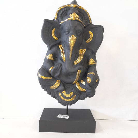 Paper Machie Ganesh on Base Wood Black Gold Finish