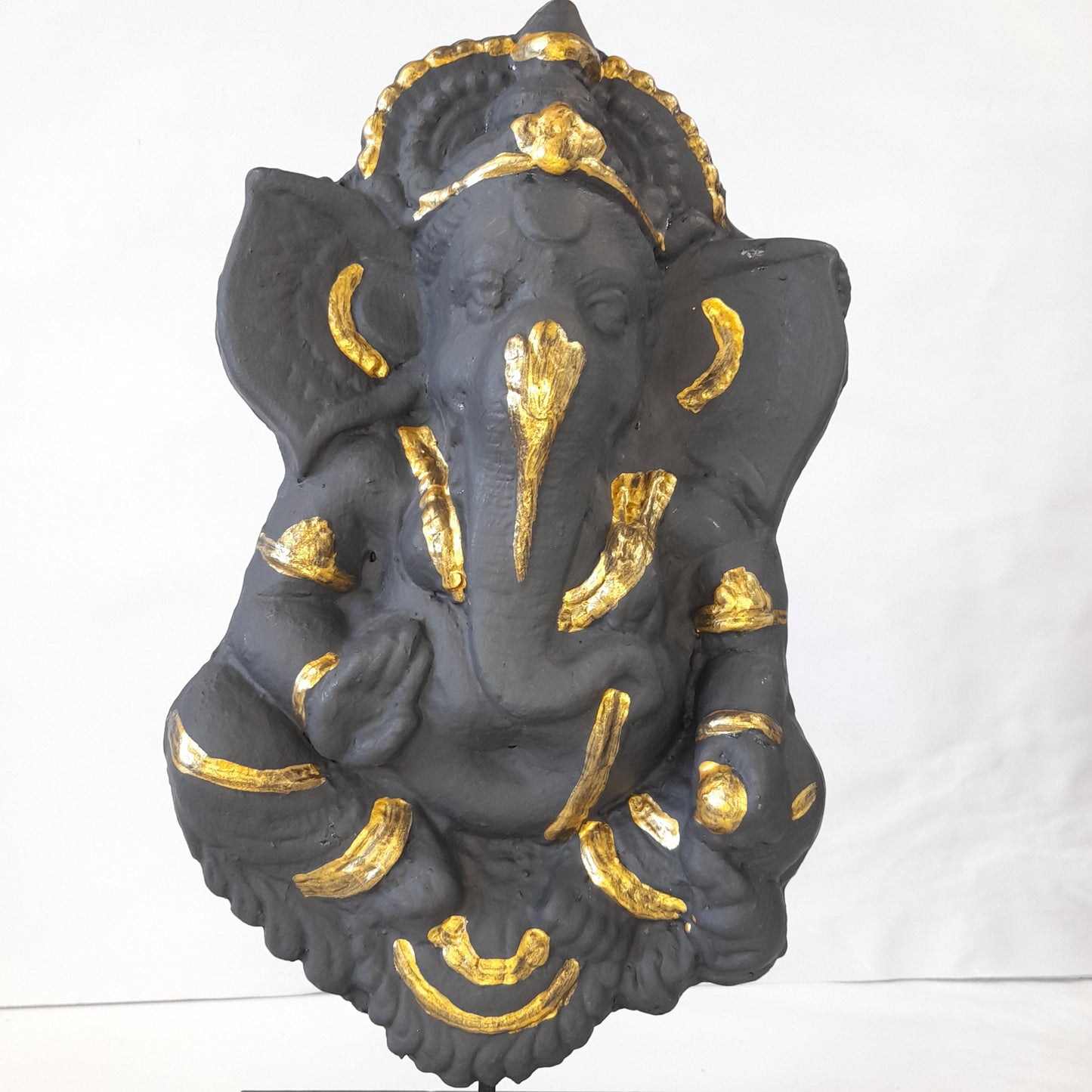 Paper Machie Ganesh Leaf on Base Wood Black Gold Finish showpiece