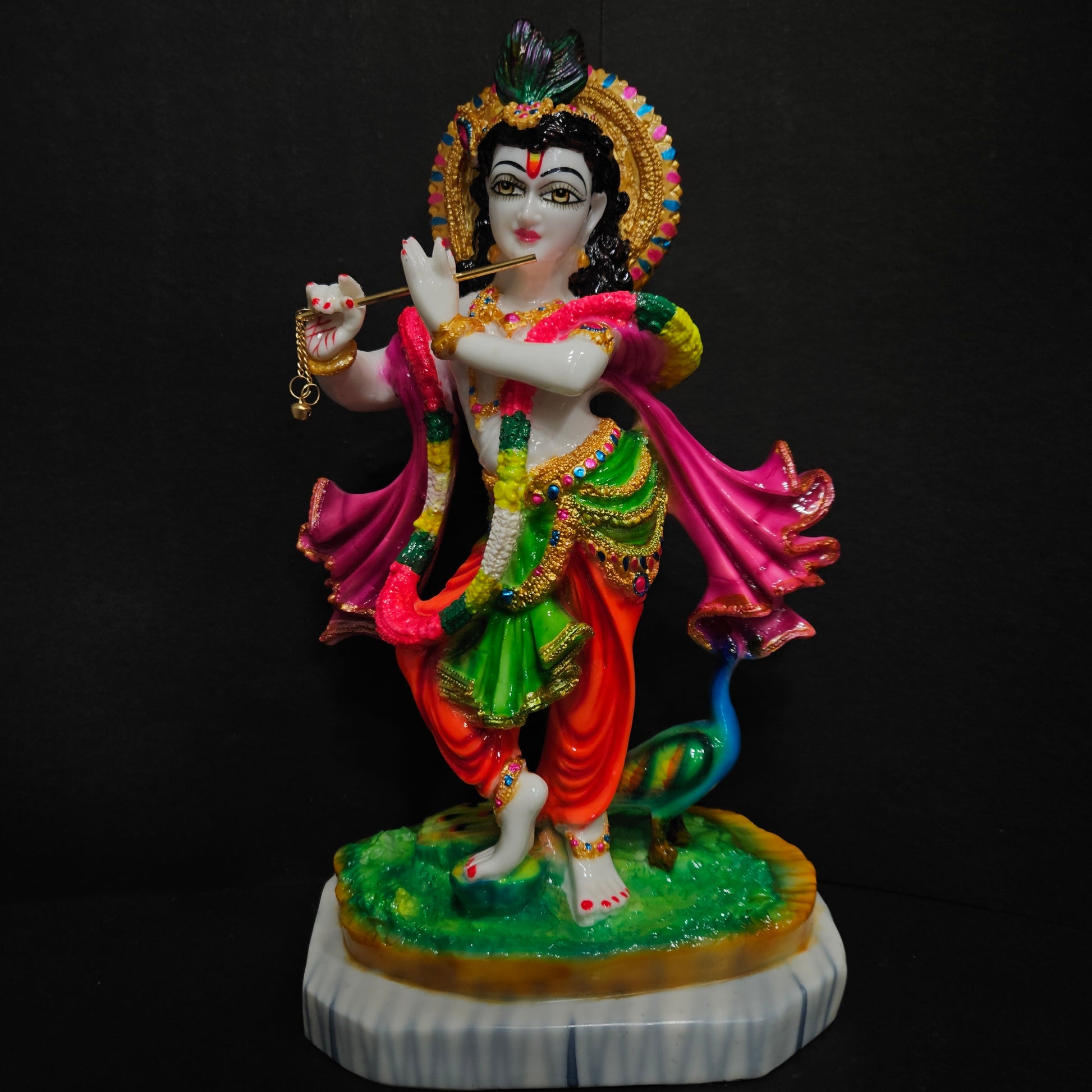 Lord Krishna murti in dancing posture playing flute with peacock statue idol for Home Pooja