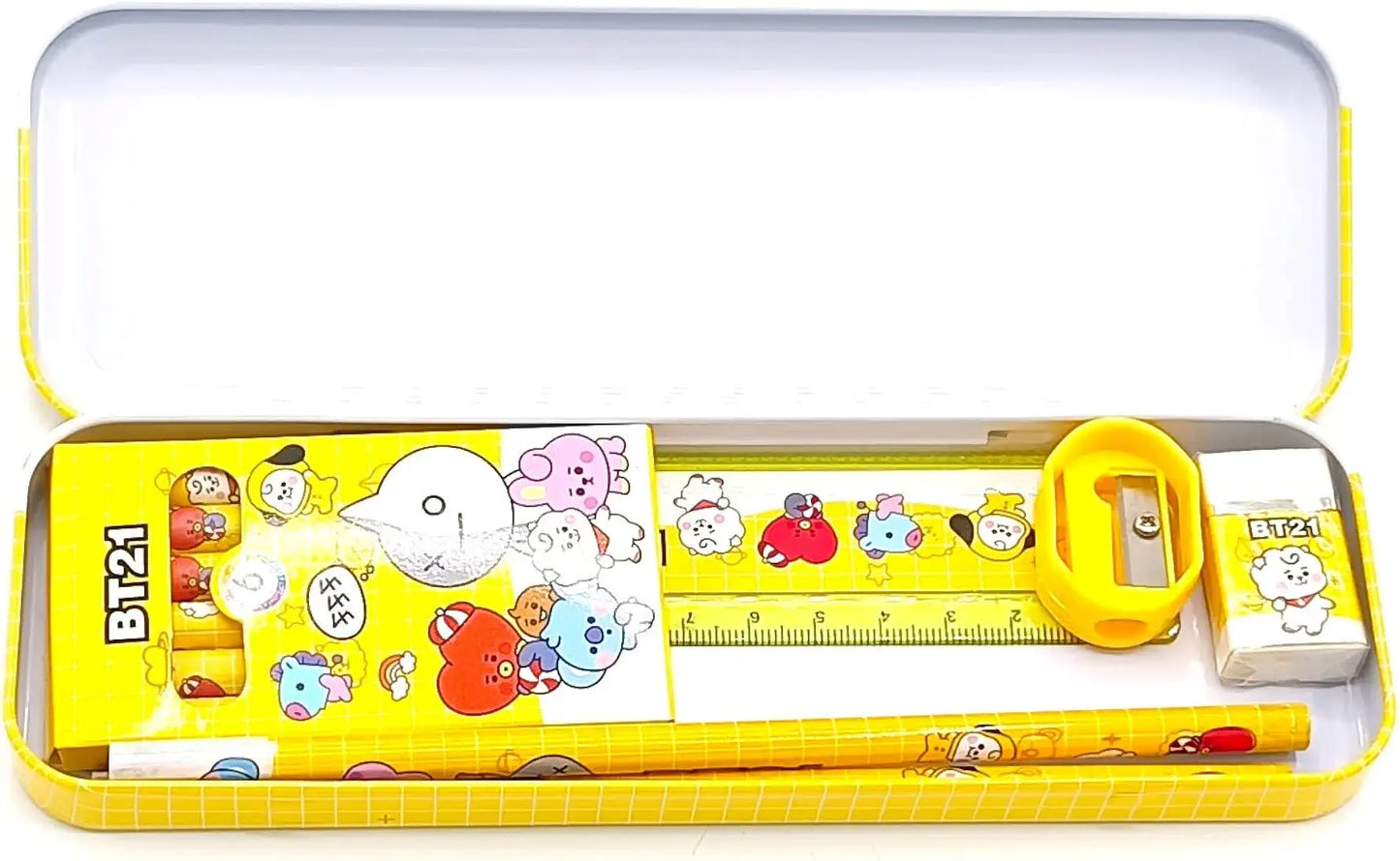 Cartoon character themed Stationery kit set for kids Metal box,Pencils,Sharpener,Eraser,Scale, Crayon Birthday Return Gifts