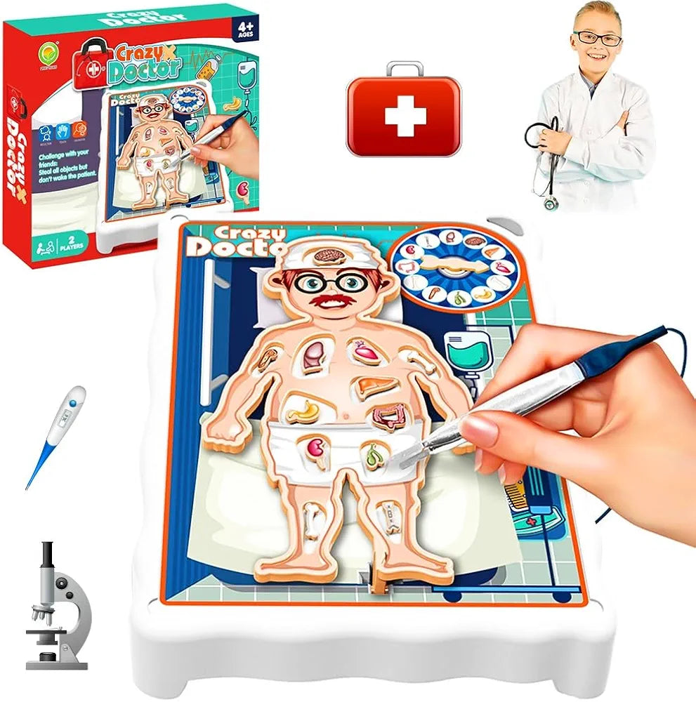 Crazy Doctor is a game where players use tweezers to remove "ailments" from a human body model without triggering a buzzer. It is designed for ages 4+ and can be played competitively.