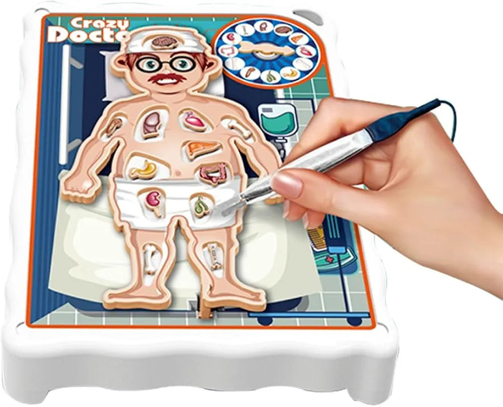 Crazy Doctor is a game where players use tweezers to remove "ailments" from a human body model without triggering a buzzer. It is designed for ages 4+ and can be played competitively.