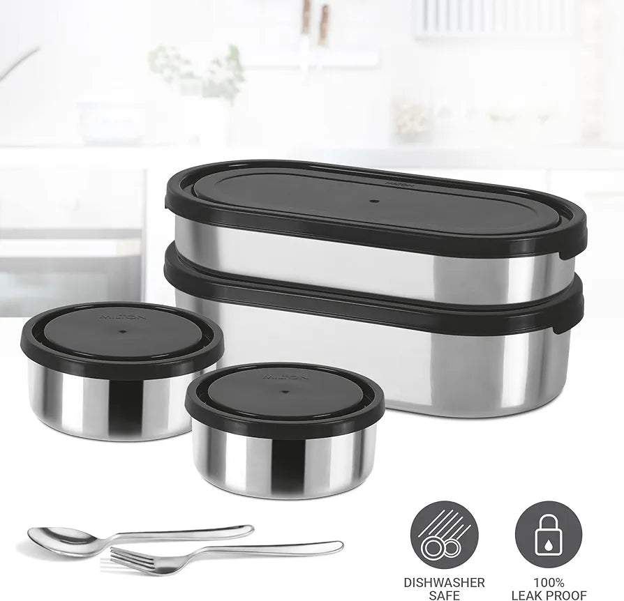 MILTON Triple Decker Lunch Box, 2 Oval Containers 2 Round Container each and Cutlery with Insulated Bag, Office Tiffin for Men, Women, Leak-Proof, Easy to Carry