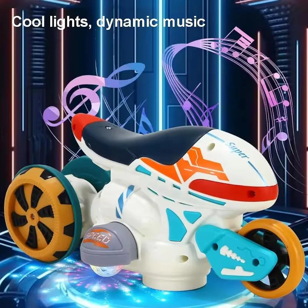 Motorcycle Toy for Kids Features 360 degrees rotation drift capabilities and interactive lighting and music for endless fun for kids