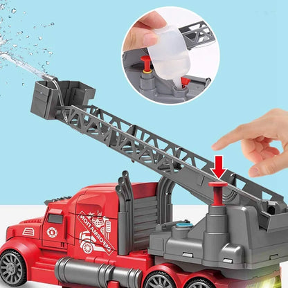 Fire Brigade Rescue Ladder Truck with Water Sprayable Cannon Deformable Robot Fire Truck Toy with Lights and Siren Sound Water Pump Hose to Shoot Water for Boys and Kids Birthday