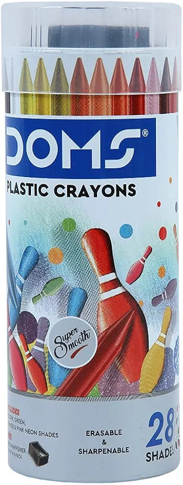 Doms 28 Shades Erasable Plastic Crayons Round Tin Box