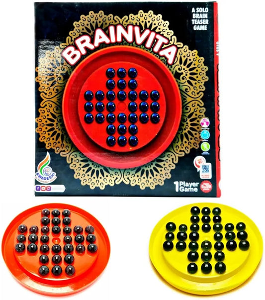 Brainvita Board Game with 32 Glass Marble Solitaire for 1Player Board Game Indoor Kids Brain Development,Mind Challenging,Memory,Intelligence Game