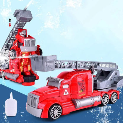 Fire Brigade Rescue Ladder Truck with Water Sprayable Cannon Deformable Robot Fire Truck Toy with Lights and Siren Sound Water Pump Hose to Shoot Water for Boys and Kids Birthday