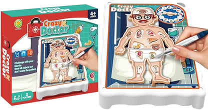 Crazy Doctor is a game where players use tweezers to remove "ailments" from a human body model without triggering a buzzer. It is designed for ages 4+ and can be played competitively.