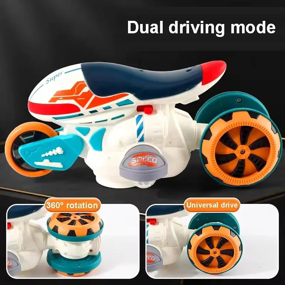 Motorcycle Toy for Kids Features 360 degrees rotation drift capabilities and interactive lighting and music for endless fun for kids